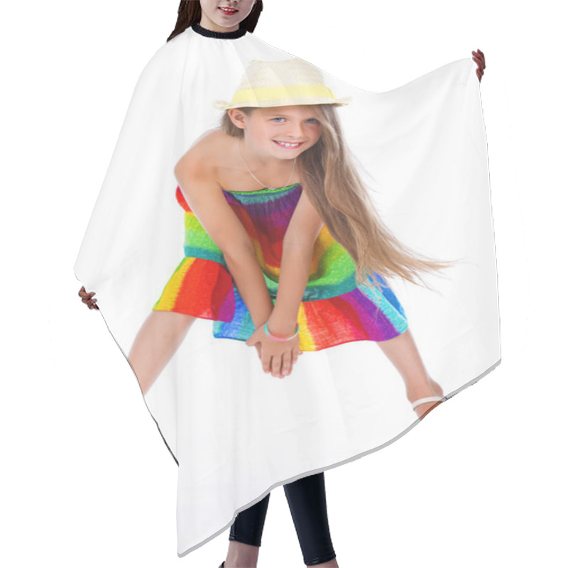 Personality  Portrait Of Smiling Girl Posing In Studio With Hat Hair Cutting Cape