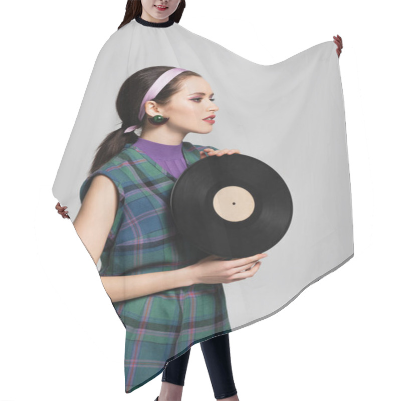 Personality  Young Brunette Woman In Headband Holding Retro Vinyl Disc Isolated On Grey Hair Cutting Cape