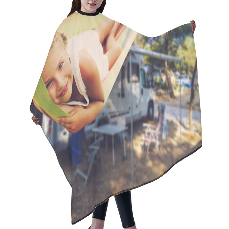 Personality  Camping RV Travel With Camper, Summer Beach. Happy Smiling Beauty Girl On Mototorhome Vacation. Hair Cutting Cape