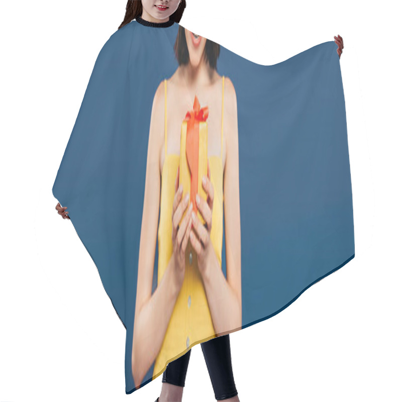 Personality  Partial View Of Smiling Girl Holding Present Isolated On Blue Hair Cutting Cape