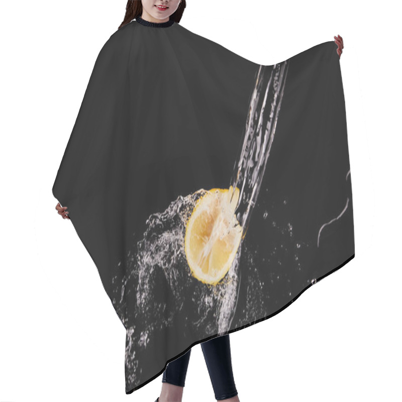 Personality  Top View Of Lemon Half With Clear Water Splash Isolated On Black Hair Cutting Cape