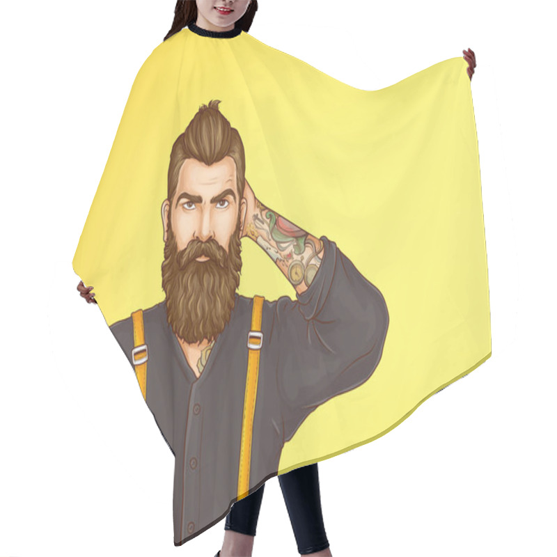 Personality  Doubtful Hipster Man Cartoon Vector Portrait Hair Cutting Cape