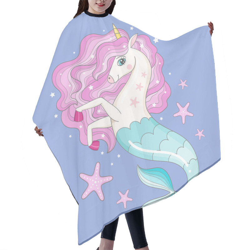 Personality  Beautiful Seahorse Unicorn With A Pink Mane. The Theme Of The Sea And Magic. For The Design Of Prints, Posters, Stickers, Cards, Puzzles And So On. Vector Illustration Hair Cutting Cape