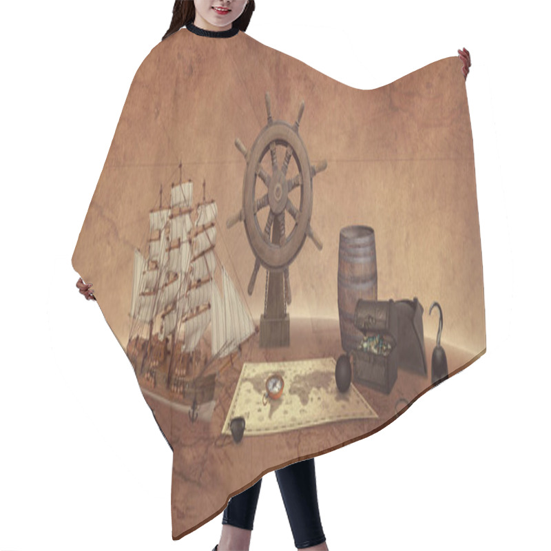 Personality  Pirate Things Concept On An Old World Map. Ship, Map, Compass, Treasure Chest, Rudder, Telescope. Hair Cutting Cape