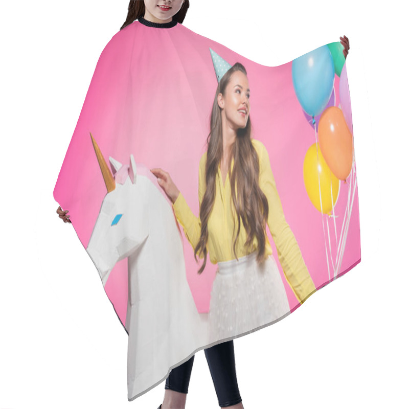 Personality  Beautiful Girl With Party Hat, Balloons And Unicorn Toy Isolated On Pink Hair Cutting Cape