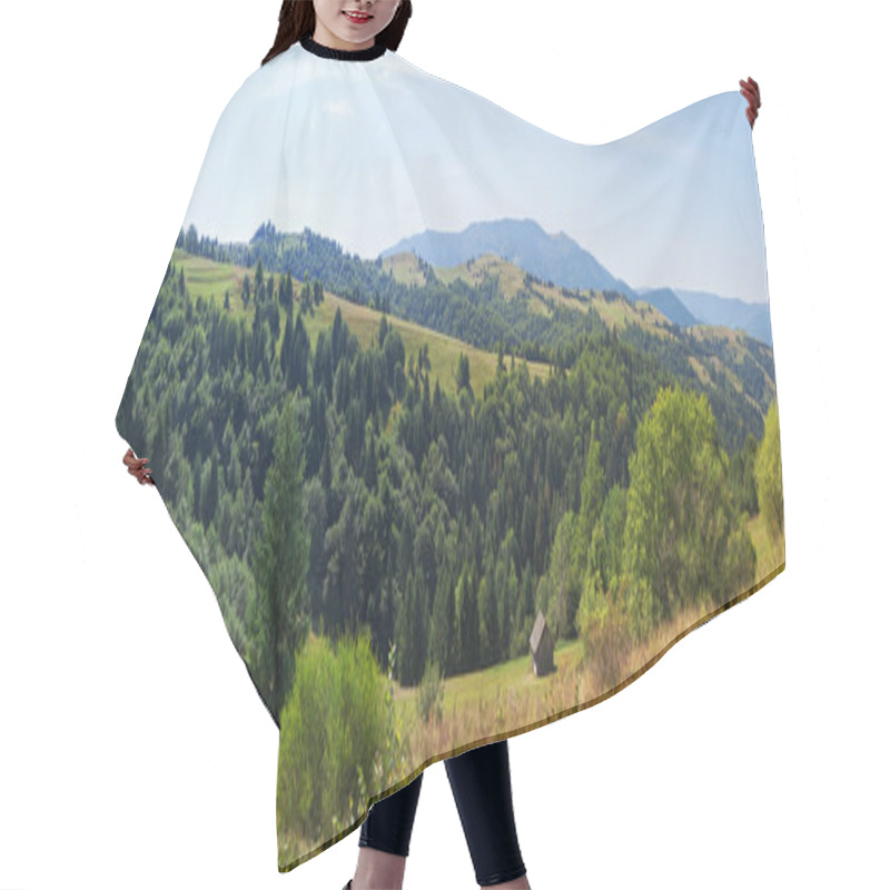 Personality  Panoramic Landscape Of Mountains Carpathians And Wooden House. Hair Cutting Cape