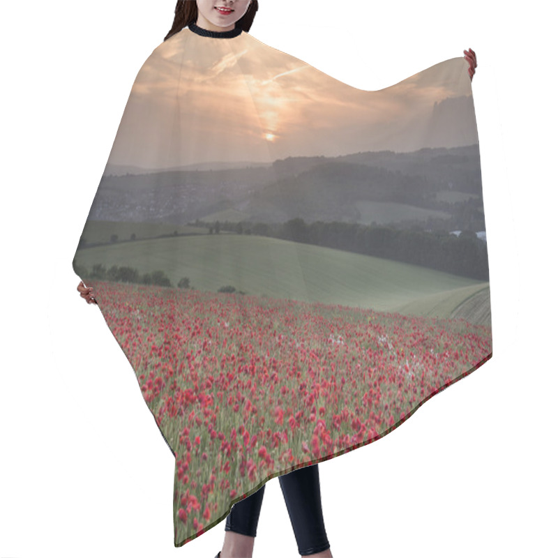 Personality  Stunning Poppy Field Landscape Under Summer Sunset Sky Hair Cutting Cape