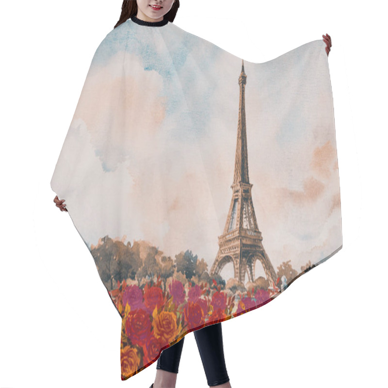 Personality  Paris European City Landscape. France, Eiffel Tower Famous, With Red Roses Romantic The Seine River View In Autumn, Watercolor Painting Illustration Vintage Style, Skyline Background. World Landmark Hair Cutting Cape