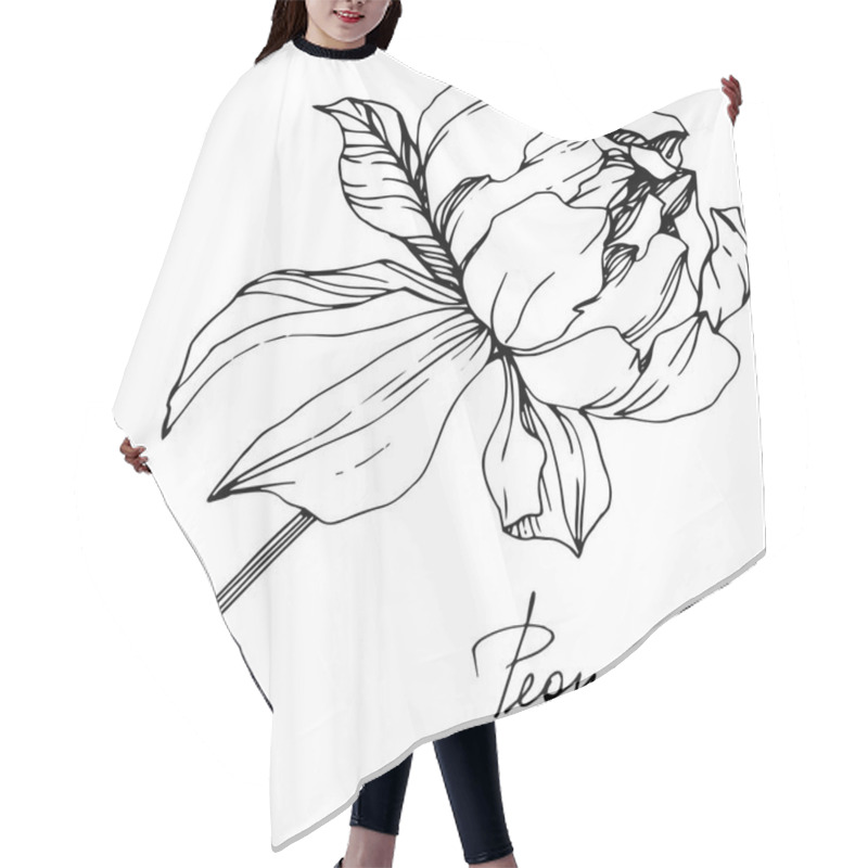 Personality  Vector Isolated Monochrome Peony Flower Sketch And Handwritten Lettering On White Background. Engraved Ink Art.  Hair Cutting Cape