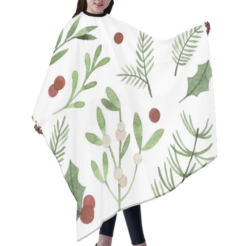 Personality  Watercolor Drawing. Christmas Plants. Set Of Simple Winter Leaves And Branches, Holly, Mistletoe, Spruce. Hair Cutting Cape