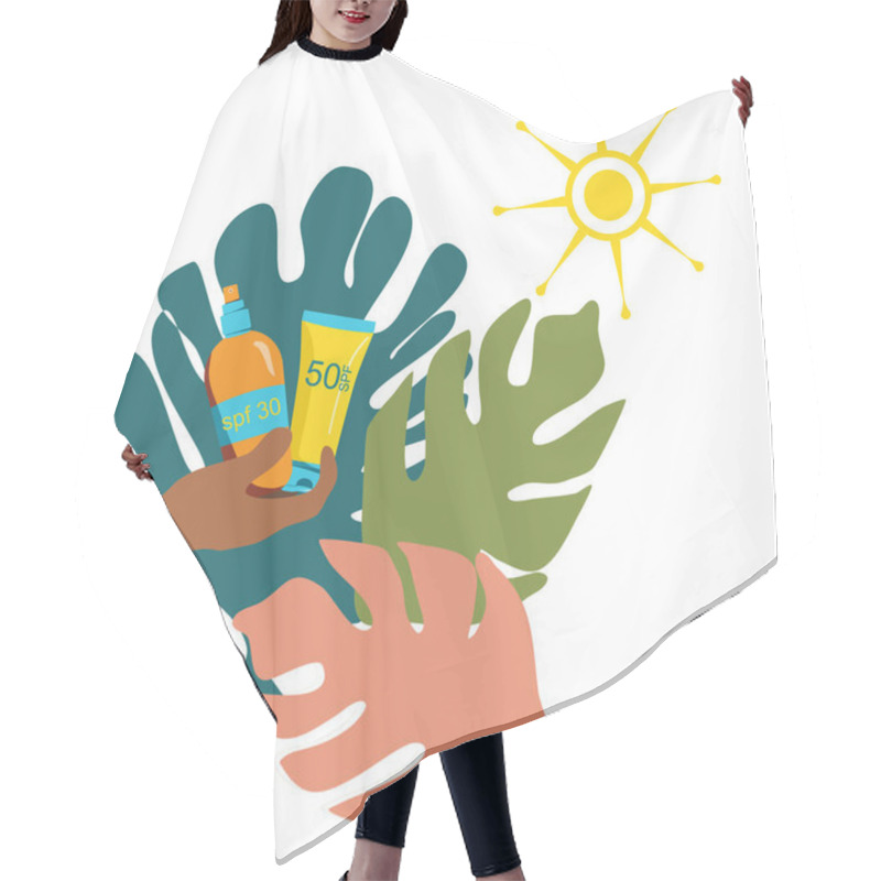 Personality  Sunscreen Gel And Tanning Oil In Hand With Tropical Leaves .Prevention Of Aging And Skin Cancer For Kids And Adults.Flat Isolated Vector Illustration Of UV Sun Protection On White Background Hair Cutting Cape