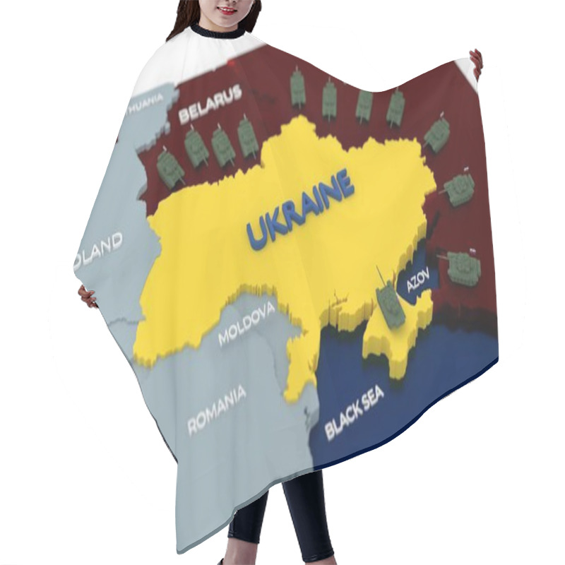 Personality  Stylich 3D Map Of Ukraine Surrounded By Tanks And Neighboring Countries Hair Cutting Cape