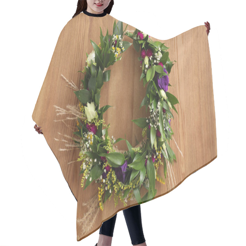 Personality  Beautiful Wreath Made Of Flowers And Leaves On Wooden Background, Top View Hair Cutting Cape