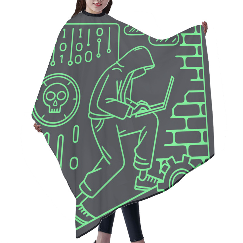 Personality  A Bold Vector Featuring Hacker Motifs In Neon Green Against Dark Backgrounds, Symbolizing Cybersecurity, Hacking Culture, And Technology. Hair Cutting Cape