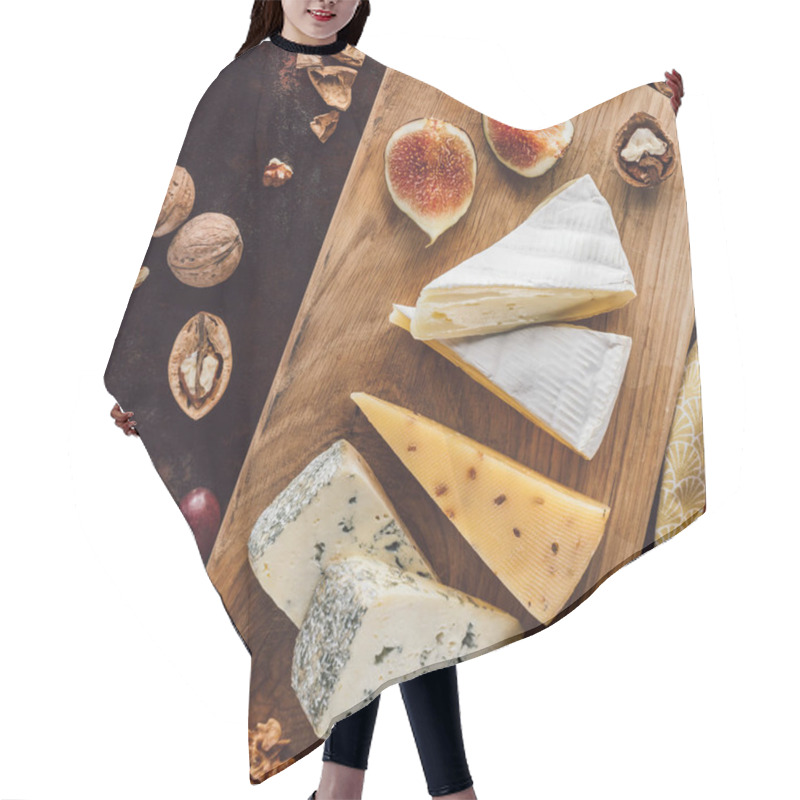 Personality  Food Composition With Assorted Cheese, Figs And Hazelnuts On Dark Tabletop Hair Cutting Cape