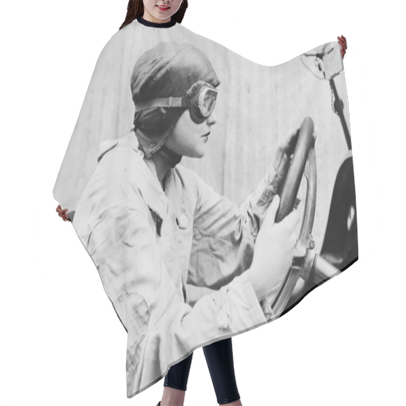 Personality  Portrait Of Female Racecar Driver Hair Cutting Cape