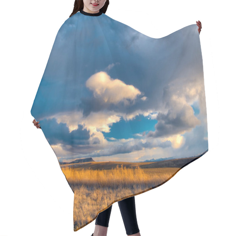 Personality  Cloudy Pastel Blue Sky Over The Low Sunlit Grassy Prairie Hair Cutting Cape