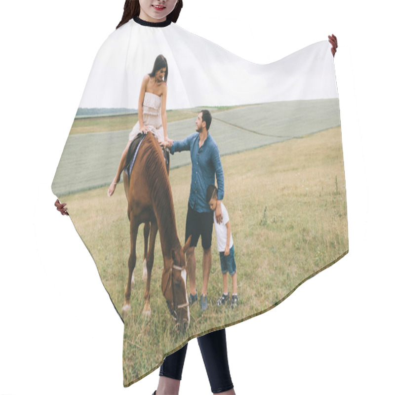 Personality  Mother Riding Brown Horse, Father And Son Standing On Field Hair Cutting Cape