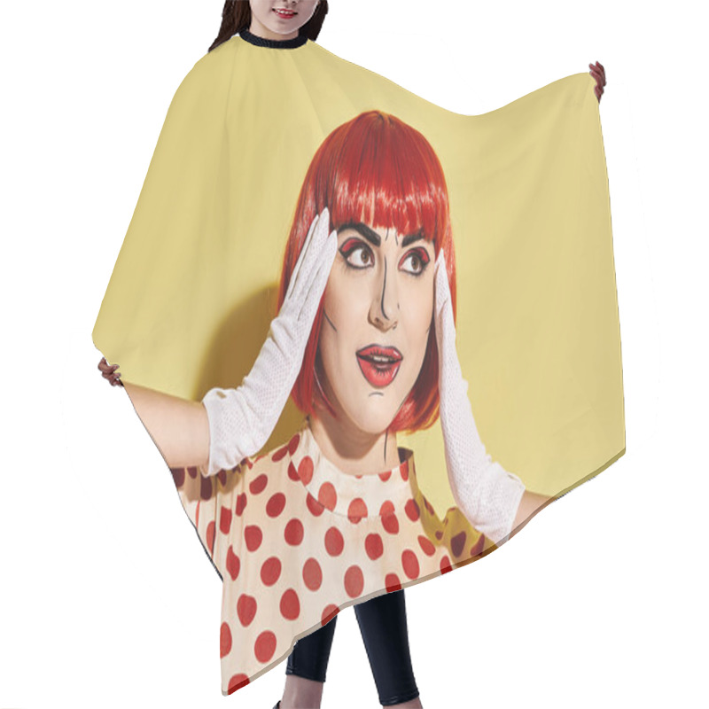 Personality  A Stunning Redhead With Pop Art Makeup Rocks A Polka Dot Dress Against A Yellow Backdrop, Embodying A Comic Book Character. Hair Cutting Cape