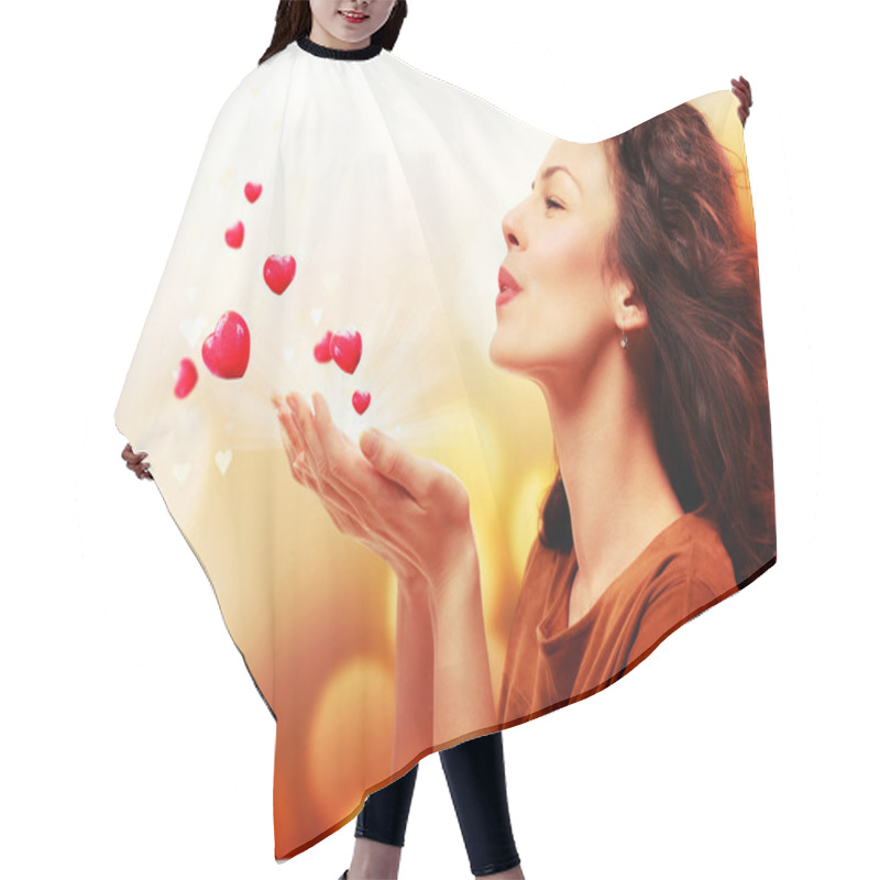 Personality  Woman Blowing Hearts From Her Hands. St. Valentines Day Concept Hair Cutting Cape