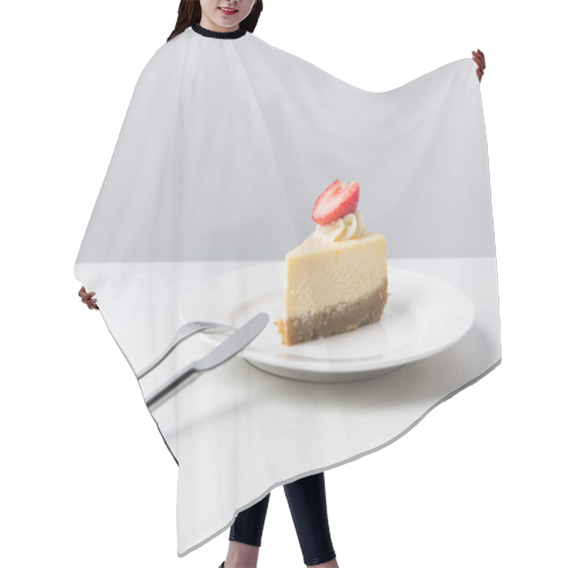 Personality  Cheesecake With Piece Of Fresh Strawberry On White Plate And Cutlery Hair Cutting Cape