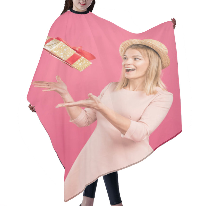 Personality  Excited Blonde Woman Throwing Up Gift Box Isolated On Pink  Hair Cutting Cape