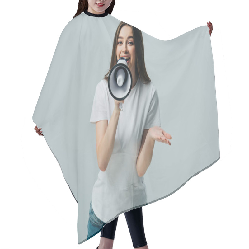 Personality  Young Pretty Woman Speaking In Megaphone Isolated On Grey Hair Cutting Cape