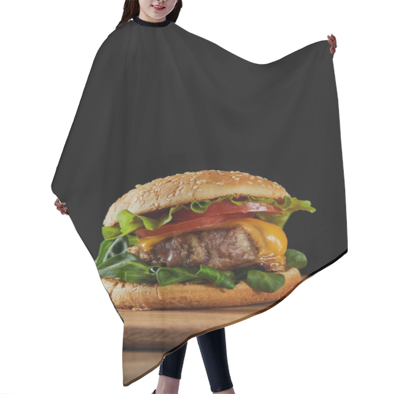 Personality  Delicious Meat Burger With Cheese, Greenery And Tomatoes And Sesame Isolated On Black Hair Cutting Cape