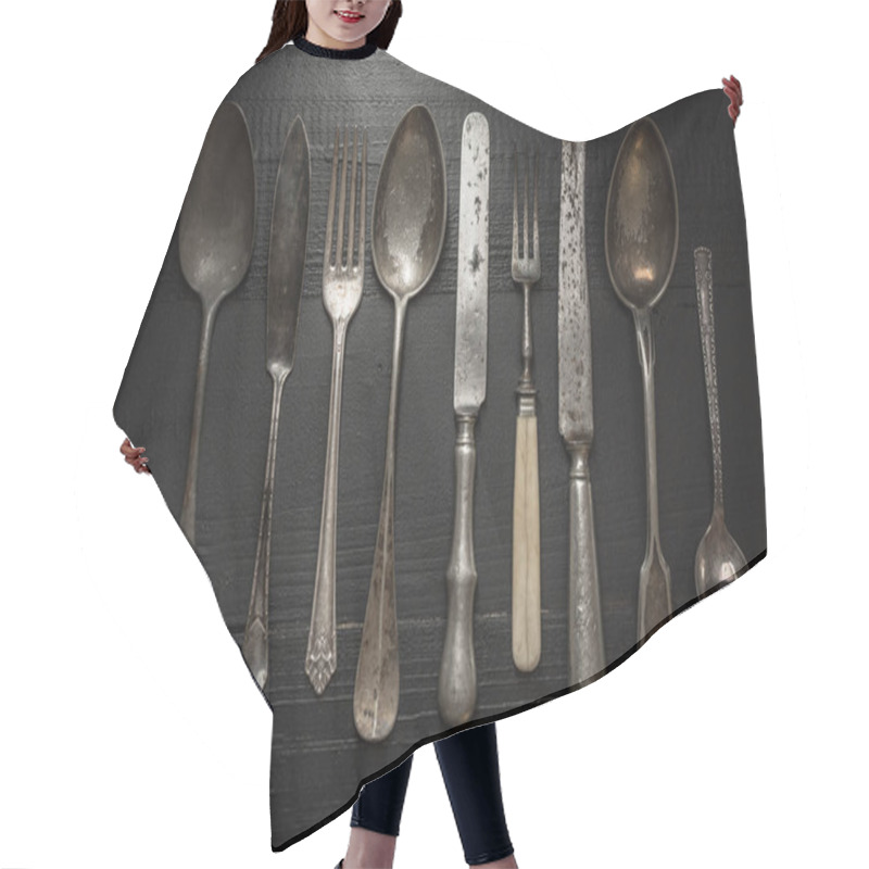 Personality  Old Rustic Cutlery On Dark Wooden Background. Kitchen And Food Concept. Hair Cutting Cape