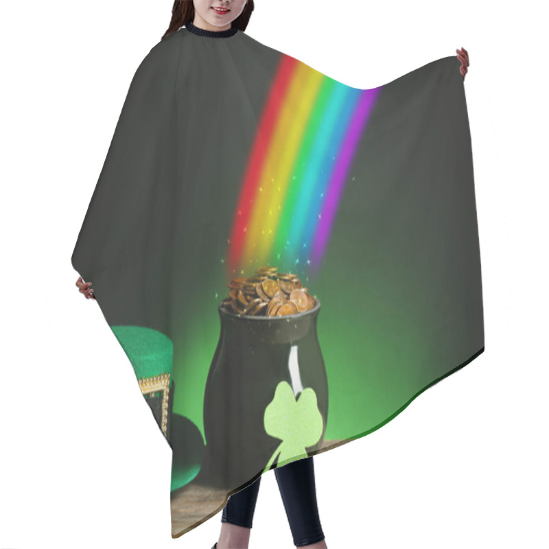 Personality  Pot With Gold Coins, Hat And Clover On Wooden Table Against Dark Background, Space For Text. St. Patrick's Day Hair Cutting Cape