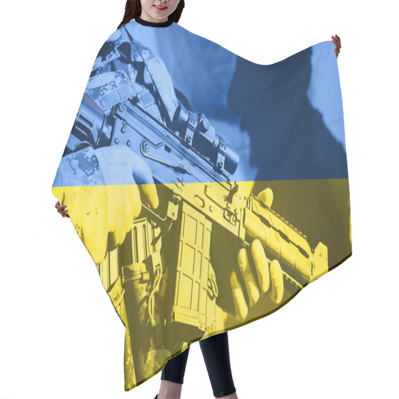 Personality  Soldier With Machine Gun With National Flag Of Ukraine  Hair Cutting Cape