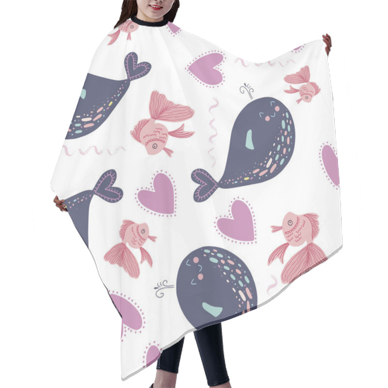 Personality  Vector Seamless Pattern On The Marine Theme With The Image Of Cute Whales, Hearts And Fish On A White Background Hair Cutting Cape