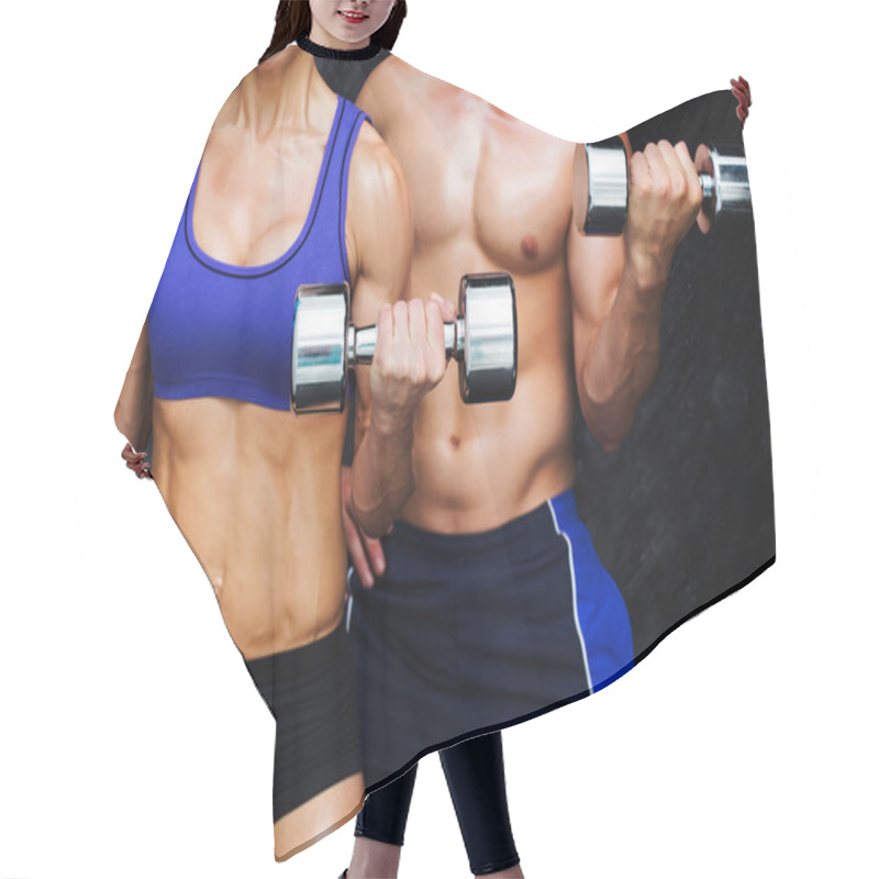 Personality  Composite Image Of Bodybuilding Couple Hair Cutting Cape