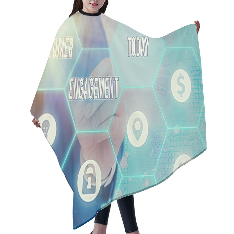 Personality  Writing Note Showing Customer Engagement. Business Photo Showcasing Communication Connection Between A Consumer And A Brand Grids And Different Icons Latest Digital Technology Concept. Hair Cutting Cape