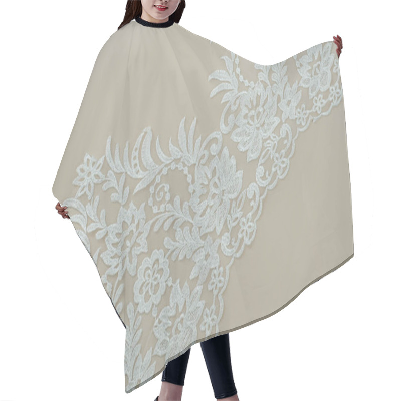 Personality  Texture Lace Fabric. Lace On White Background Studio. Thin Fabric Made Of Yarn Or Thread. A Background Image Of Ivory-colored Lace Cloth. White Lace On Beige Background. Hair Cutting Cape