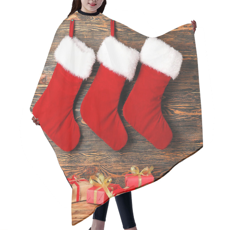 Personality  Christmas Socks With Gifts On Wooden Background Hair Cutting Cape