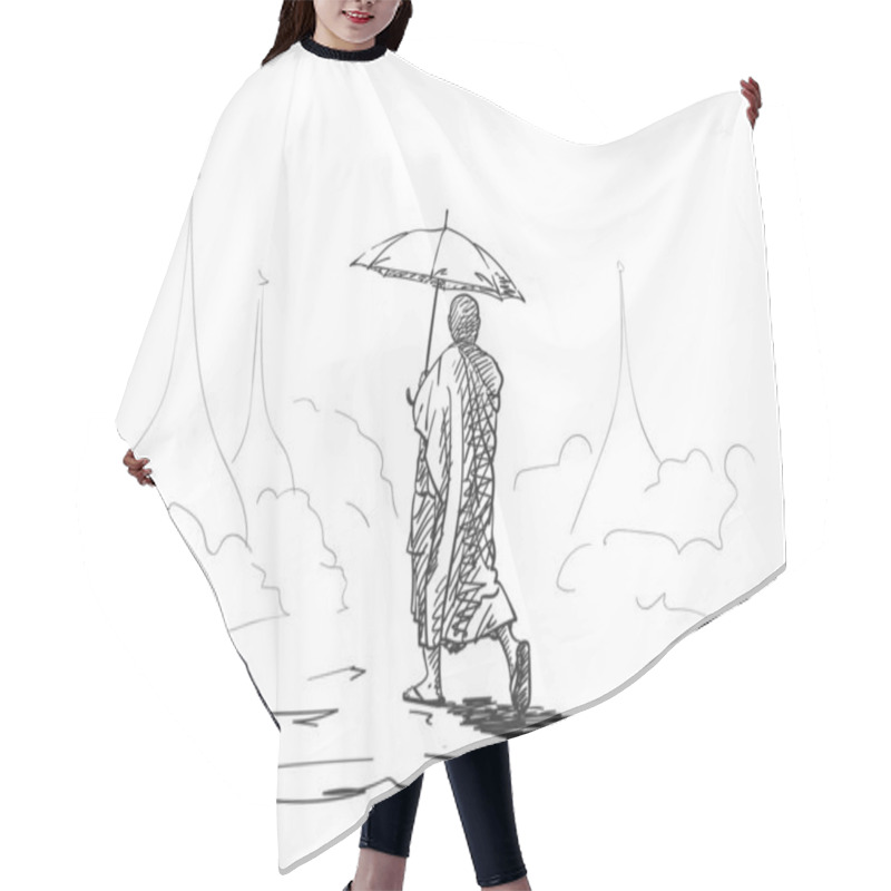 Personality  Sketch Of Buddhist Monk With Umbrella Walking Among A Pagodas, Hand Drawn Vector Illustration Hair Cutting Cape