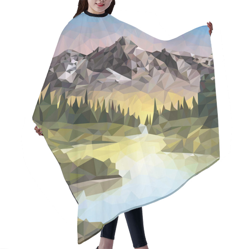 Personality  Geometrically Depict Nature. The Lake And The Trees And Rocks Of The Mountains. Hair Cutting Cape