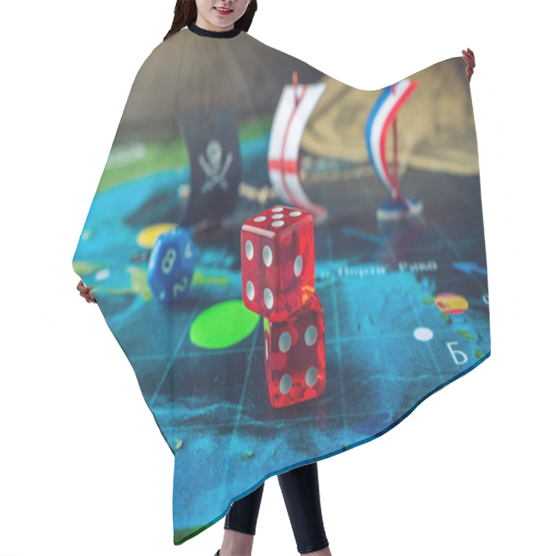 Personality  Red Playing Bones On The World Map Of The Field Handmade Board Games With A Pirate Ship Hair Cutting Cape