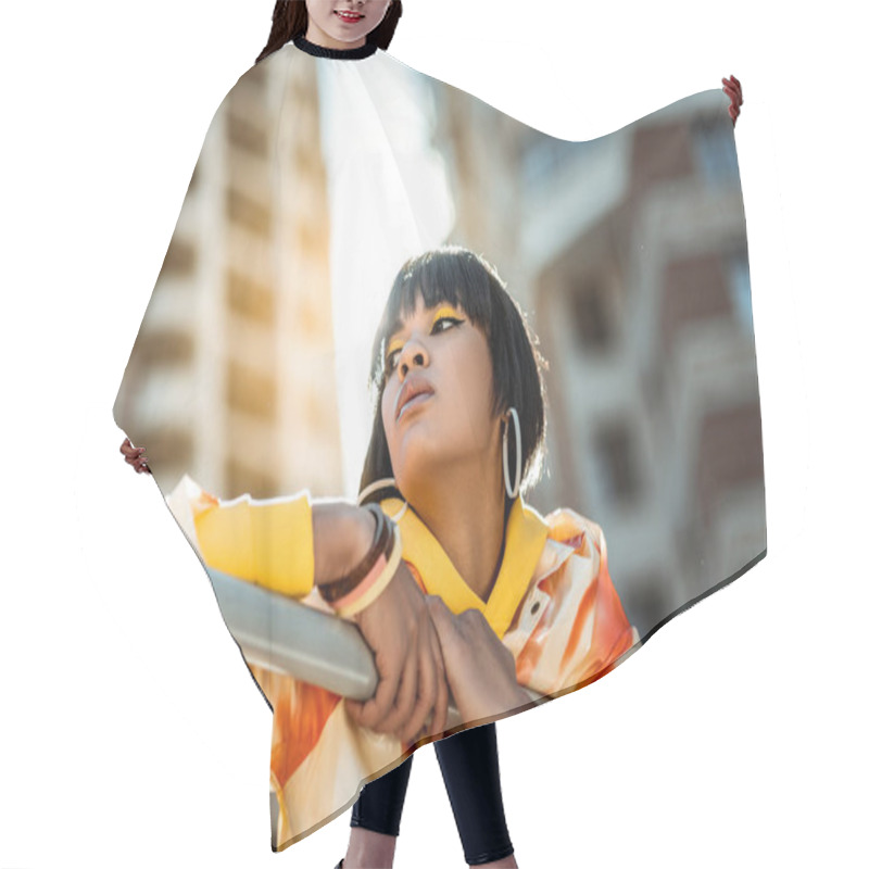 Personality  Sun-tanned Young Sweet Girl Looking Tired While Holding A Railing Hair Cutting Cape