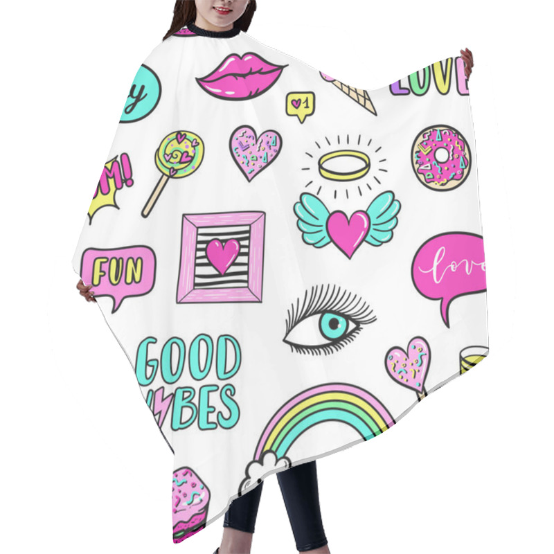 Personality  Vector Seamless Pattern With Fashion Fun Patches: Lip, Star, Strawberry, Speech Bubble On Background. Pop Art Stickers, Patches, Pins, Badges 80s-90s Style Hair Cutting Cape