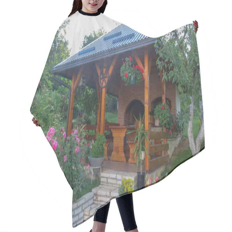 Personality  Garden Or Backyard Outdoor Pavilion With Wood Pergola, Bar Counter, Brick Oven, Fireplace And Barbecue For Cookout Food. Summer Party Place Hair Cutting Cape