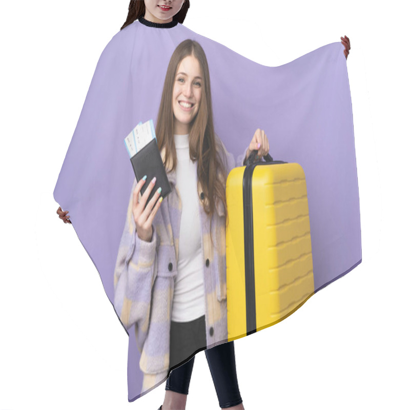 Personality  Young Caucasian Woman Isolated On Purple Background In Vacation With Suitcase And Passport Hair Cutting Cape