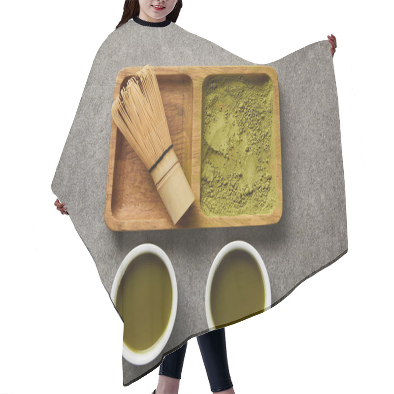 Personality  Top View Of Bamboo Whisk And Matcha Powder On Wooden Bowl Near White Cups With Green Tea Hair Cutting Cape