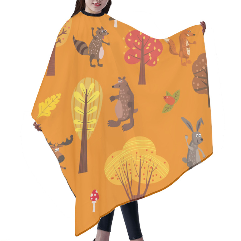 Personality  Autumn Forest Cute Animals Seamless Pattern With Trees Leaves Trendy Flat Cartoon Style Hair Cutting Cape