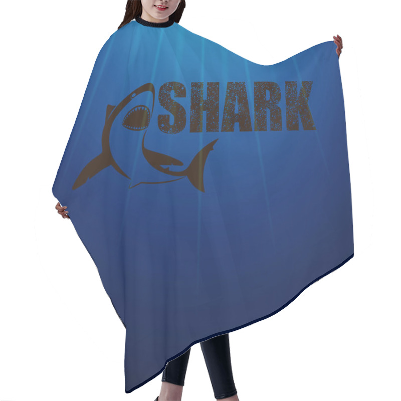 Personality  Vector Abstract Dark Blue Background With A Predatory Shark With An Open Mouth, With A Dark Inscription, And Streaks Of Light Hair Cutting Cape