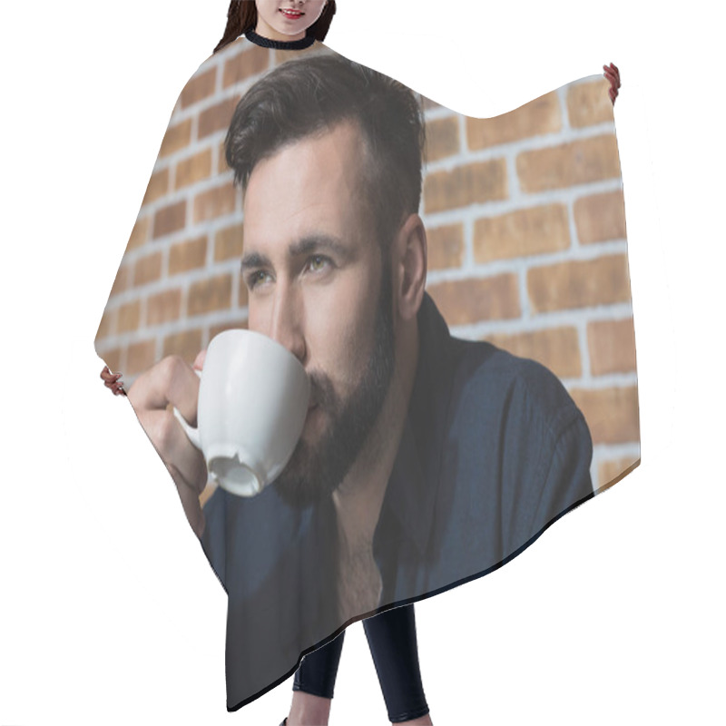 Personality  Bearded Young Man Drinking Coffee Hair Cutting Cape