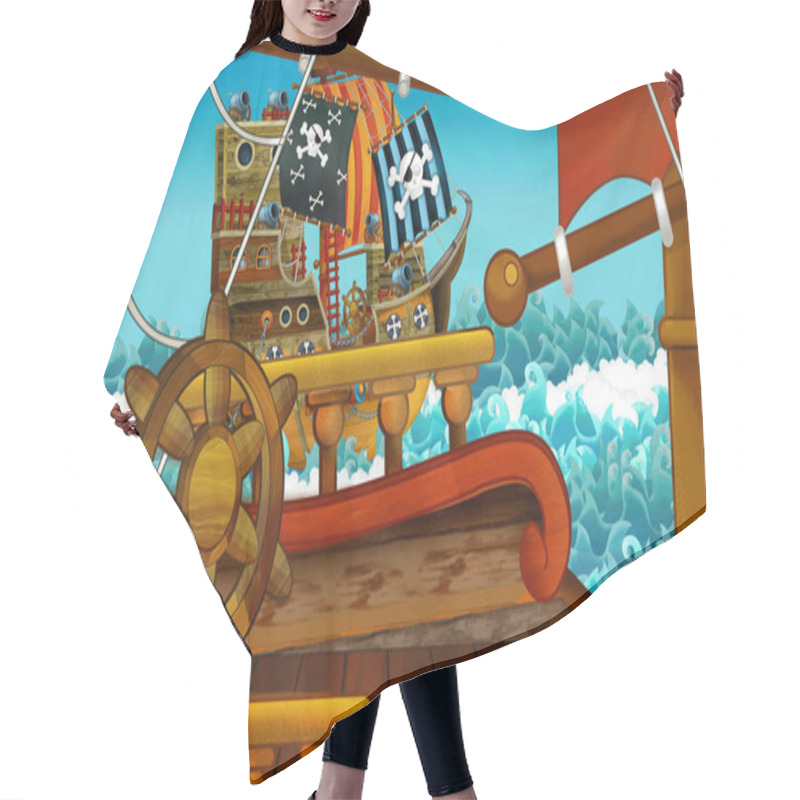 Personality  Cartoon Scene With Pirate Ship Sailing Through The Sea -scene Of The Deck - Illustration For Children Hair Cutting Cape