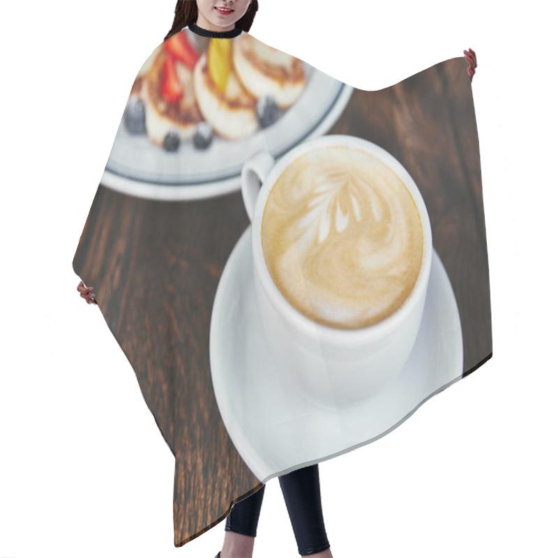 Personality  Close-up Shot Of Tasty Cheese Pancakes On Plate And Cup Of Coffee On Rustic Wooden Table Hair Cutting Cape