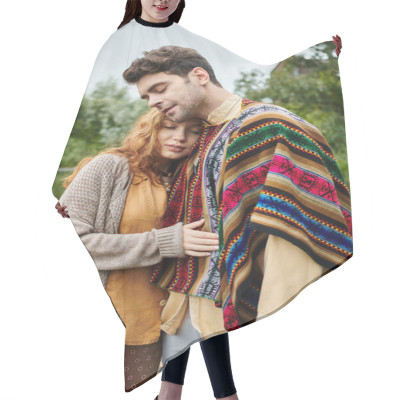 Personality  A Man And Woman In Boho Attire Standing Together In A Lush Green Park, Creating A Serene And Romantic Scene. Hair Cutting Cape